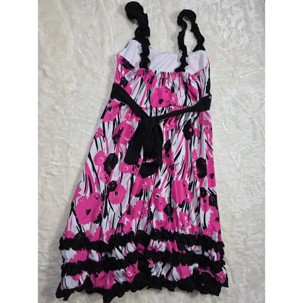 Y2K Justice Pink Black Floral Party Dress Ruffle Rhinestone Girls Size 6